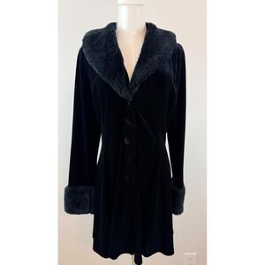 BASIC USA Whimsigoth Goth Black Velvet Faux Fur Trim Button Front Coat Large